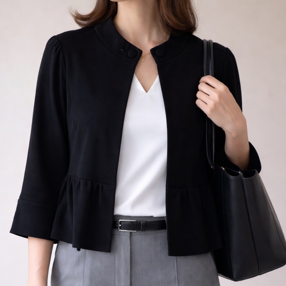Karen Kane XL Black Open Front Blazer Cardigan Mandarin Collar 3/4 Sleeve Knit